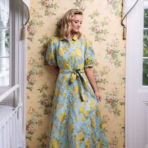 Abbey glass CHARLOTTE GOWN ROSE GARDEN JACQUARD yellow blue puff sleeve XS